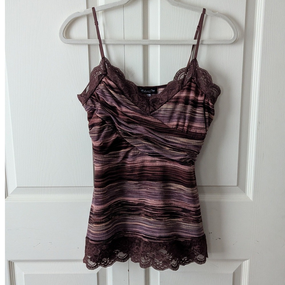 Vtg Lace Trim Tank Cami Top Babydoll Sz L Brown Space Dye Y2K Bratz Fairycore